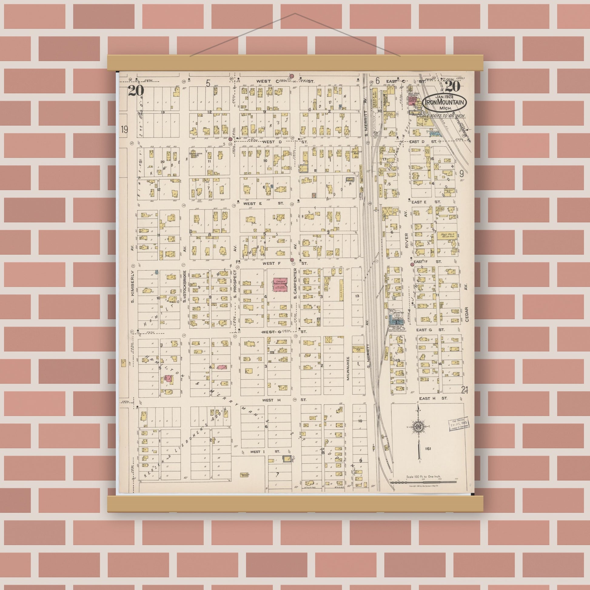 Old map wall art mockup — magnetic wood frame on brick wall — Sanborn Fire Insurance Map from Iron Mountain, Dickinson County, Michigan (1923), Sheet #0020