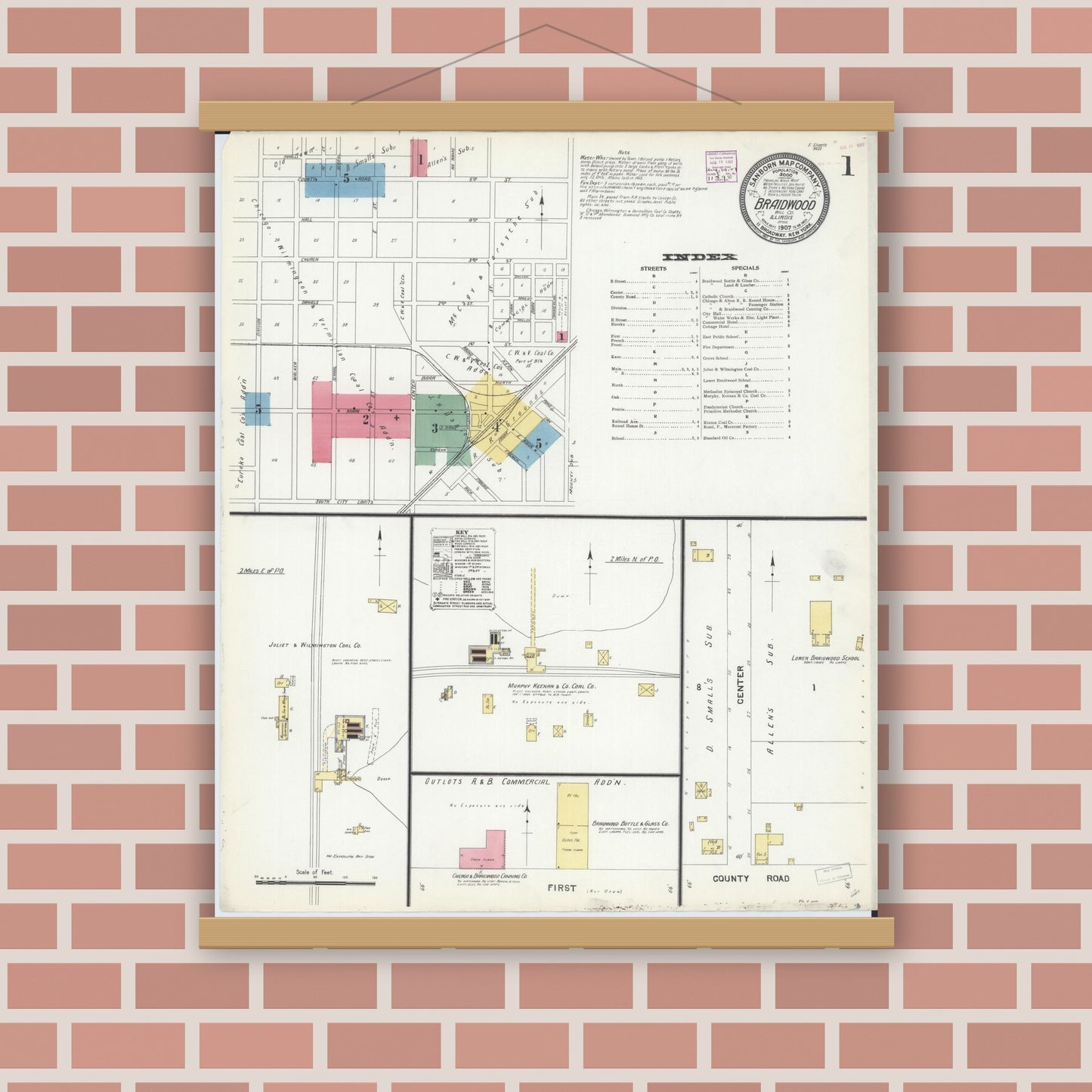 Old map wall art mockup — magnetic wood frame on brick wall — Sanborn Fire Insurance Map from Braidwood, Will County, Illinois (1907), Sheet #0001