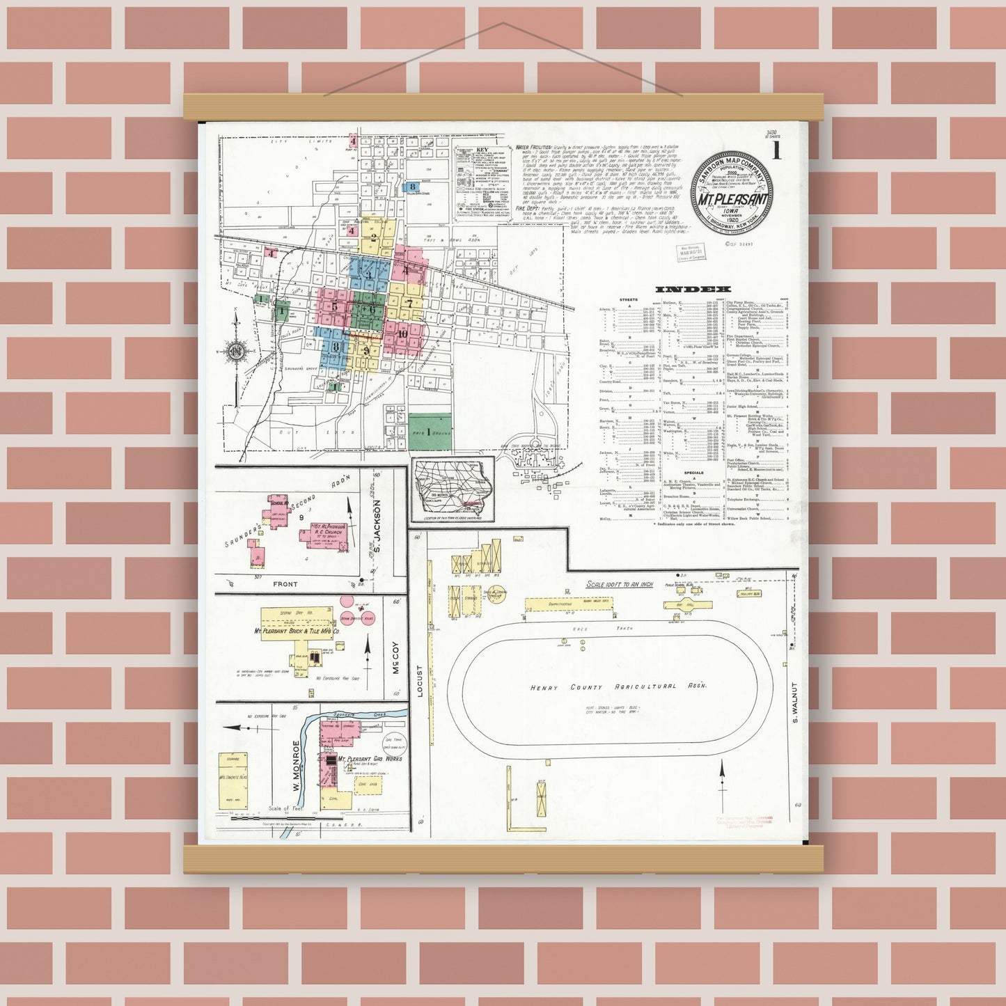 Old map wall art mockup — magnetic wood frame on brick wall — Sanborn Fire Insurance Map from Mount Pleasant, Henry County, Iowa (1920) â€” Complete Set