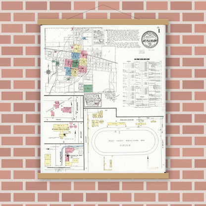 Old map wall art mockup — magnetic wood frame on brick wall — Sanborn Fire Insurance Map from Mount Pleasant, Henry County, Iowa (1920) â€” Complete Set