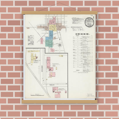 Old map wall art mockup — magnetic wood frame on brick wall — Sanborn Fire Insurance Map from Salem, Columbiana County, Ohio (1892), Sheet #0001