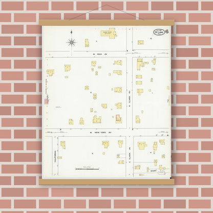 Old map wall art mockup — magnetic wood frame on brick wall — Sanborn Fire Insurance Map from De Land, Volusia County, Florida (1909), Sheet #0006