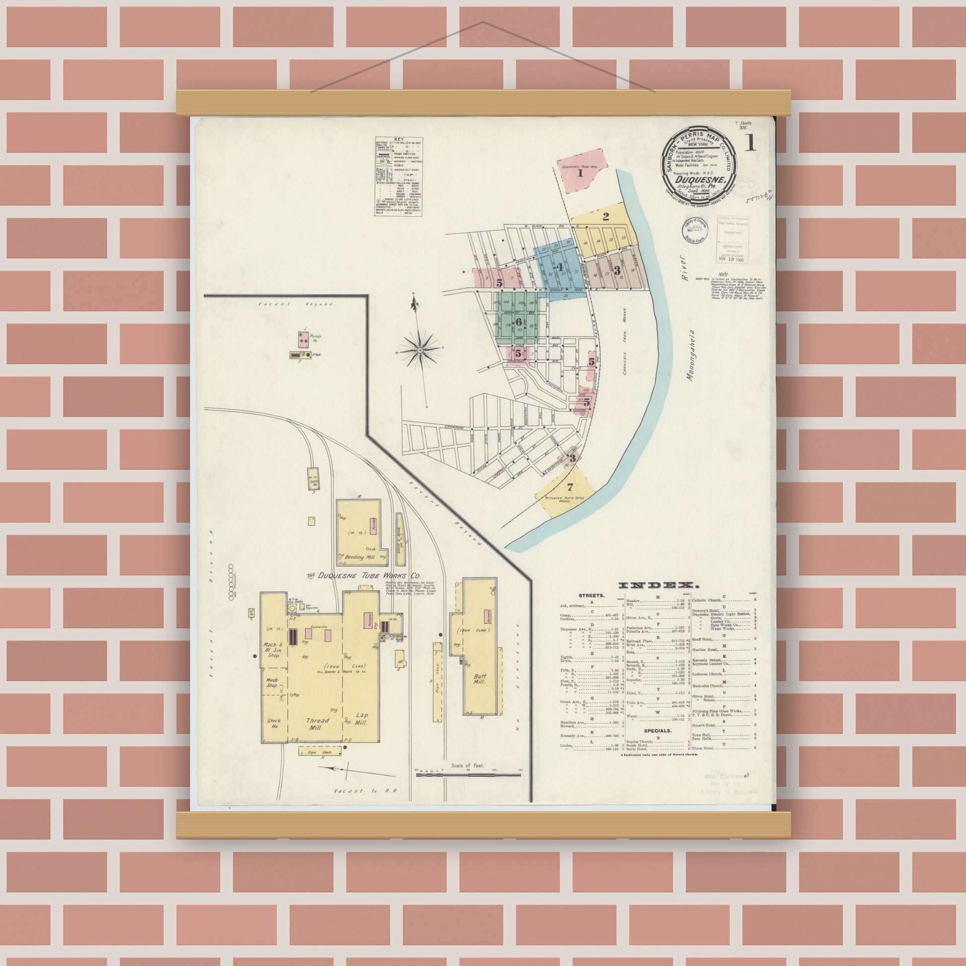 Old map wall art mockup — magnetic wood frame on brick wall — Sanborn Fire Insurance Map from Duquesne, Allegheny County, Pennsylvania (1896) - Complete Map Set