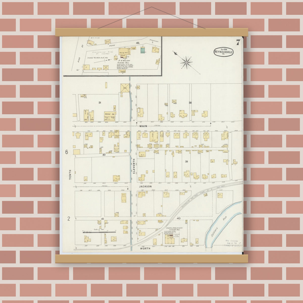 Old map wall art mockup — magnetic wood frame on brick wall — Sanborn Fire Insurance Map from Reynoldsville, Jefferson County, Pennsylvania (1896), Sheet #0007