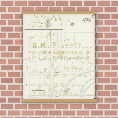 Old map wall art mockup — magnetic wood frame on brick wall — Sanborn Fire Insurance Map from Reynoldsville, Jefferson County, Pennsylvania (1896), Sheet #0007