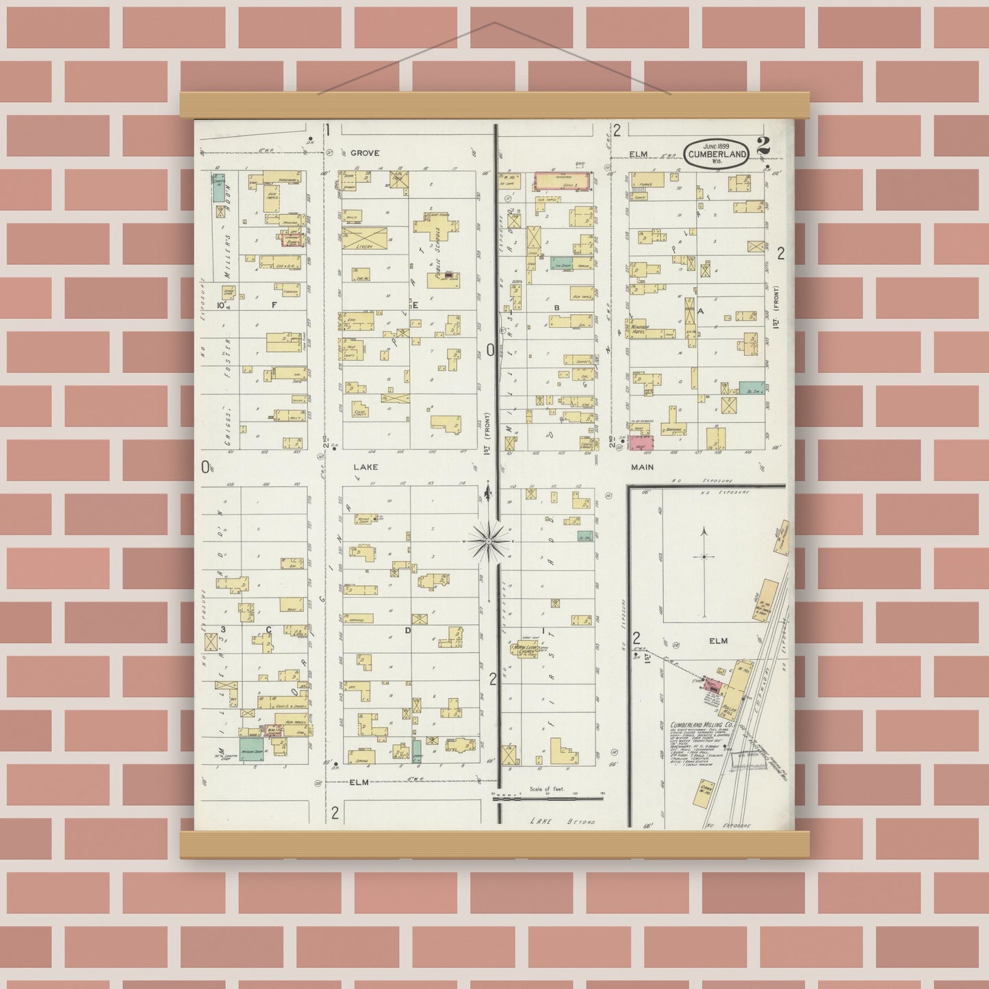 Old map wall art mockup — magnetic wood frame on brick wall — Sanborn Fire Insurance Map from Cumberland, Barron County, Wisconsin (1899), Sheet #0002