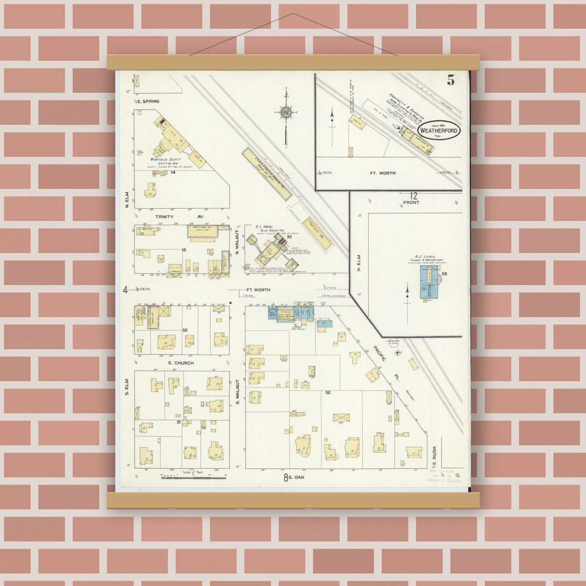 Old map wall art mockup — magnetic wood frame on brick wall — Sanborn Fire Insurance Map from Weatherford, Parker County, Texas (1910), Sheet #0005
