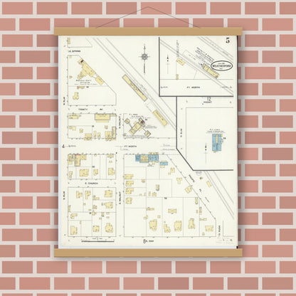 Old map wall art mockup — magnetic wood frame on brick wall — Sanborn Fire Insurance Map from Weatherford, Parker County, Texas (1910), Sheet #0005