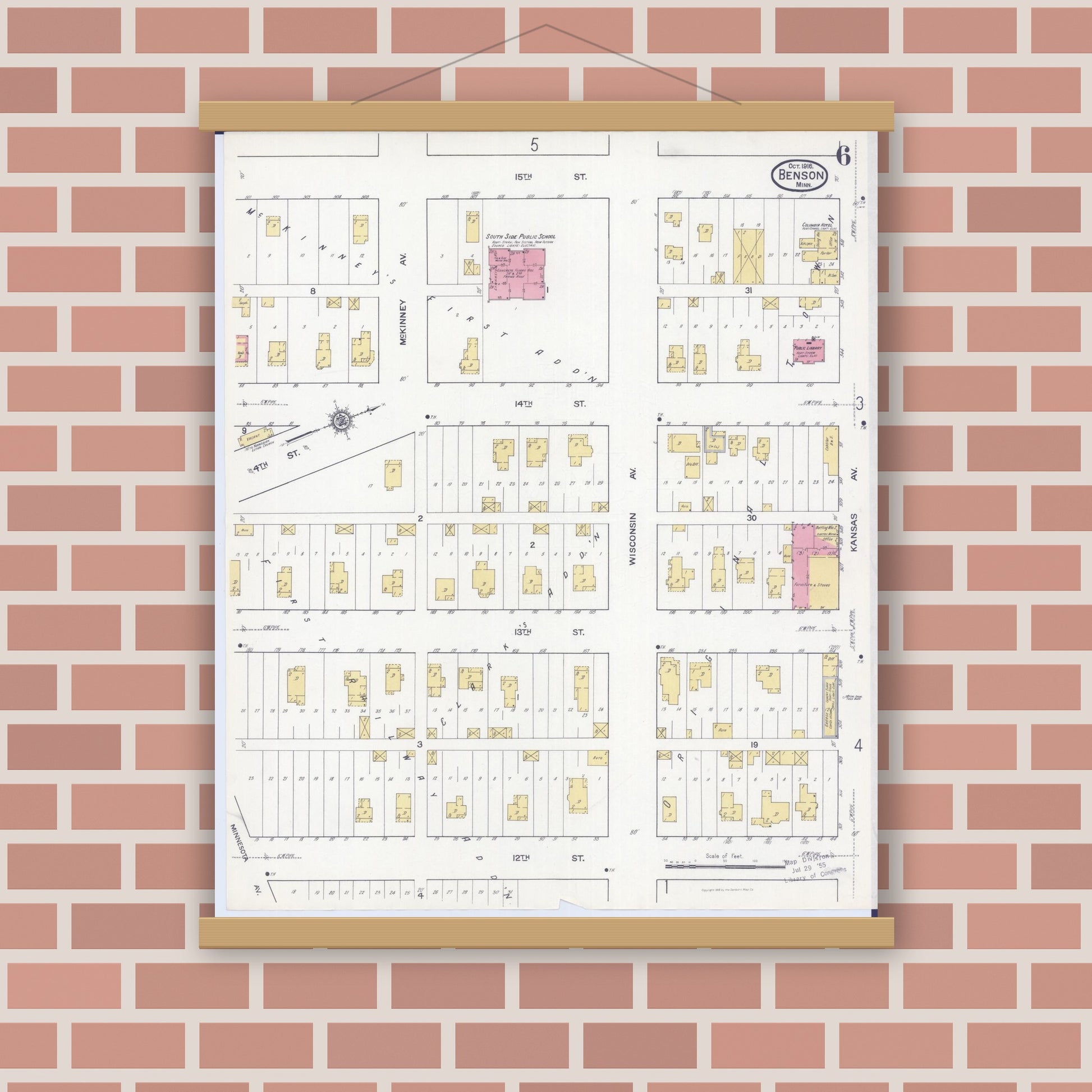Old map wall art mockup — magnetic wood frame on brick wall — Sanborn Fire Insurance Map from Benson, Swift County, Minnesota (1916), Sheet #0006