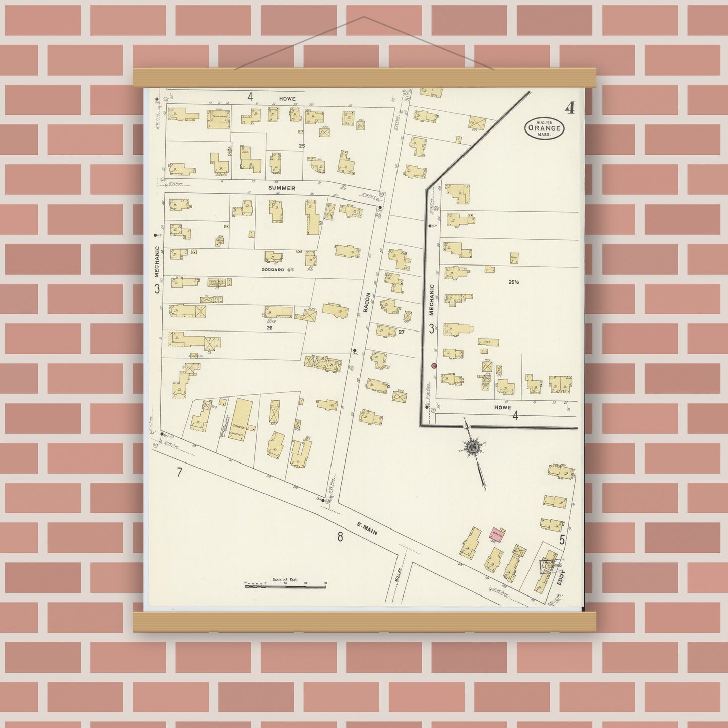 Old map wall art mockup — magnetic wood frame on brick wall — Sanborn Fire Insurance Map from Orange, Franklin County, Massachusetts (1911), Sheet #0004