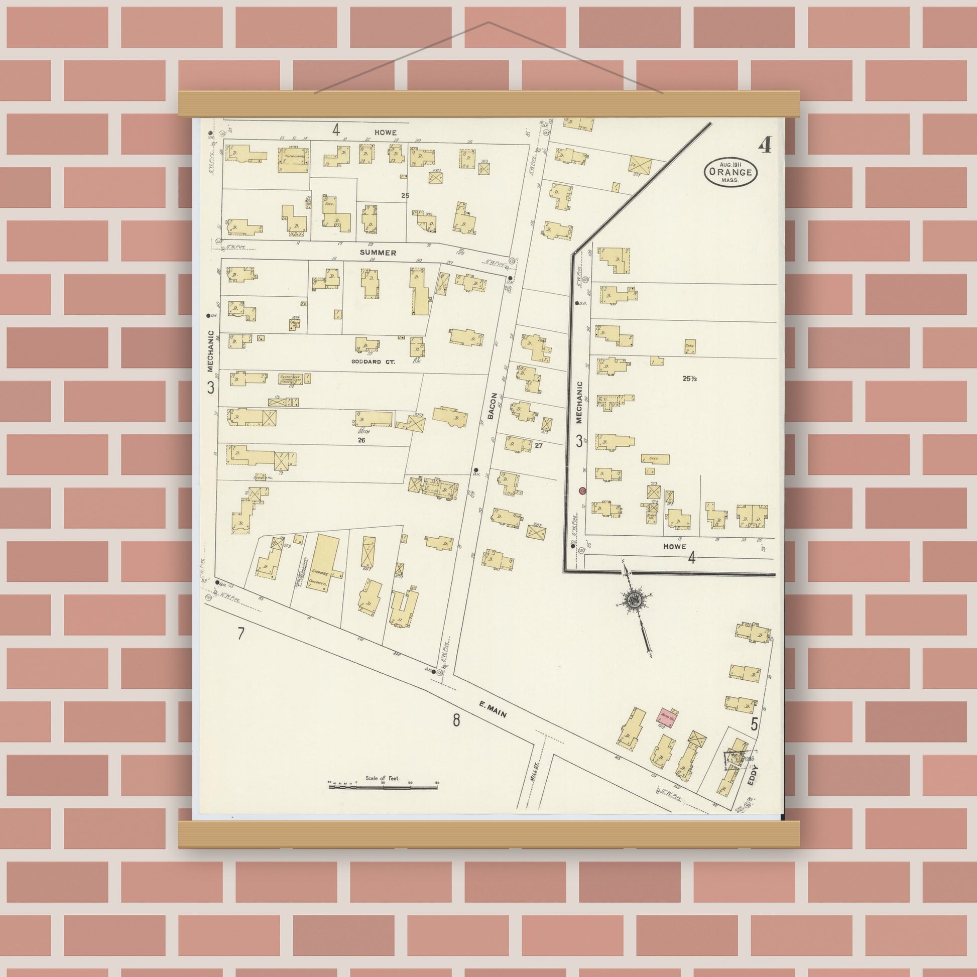 Old map wall art mockup — magnetic wood frame on brick wall — Sanborn Fire Insurance Map from Orange, Franklin County, Massachusetts (1911), Sheet #0004