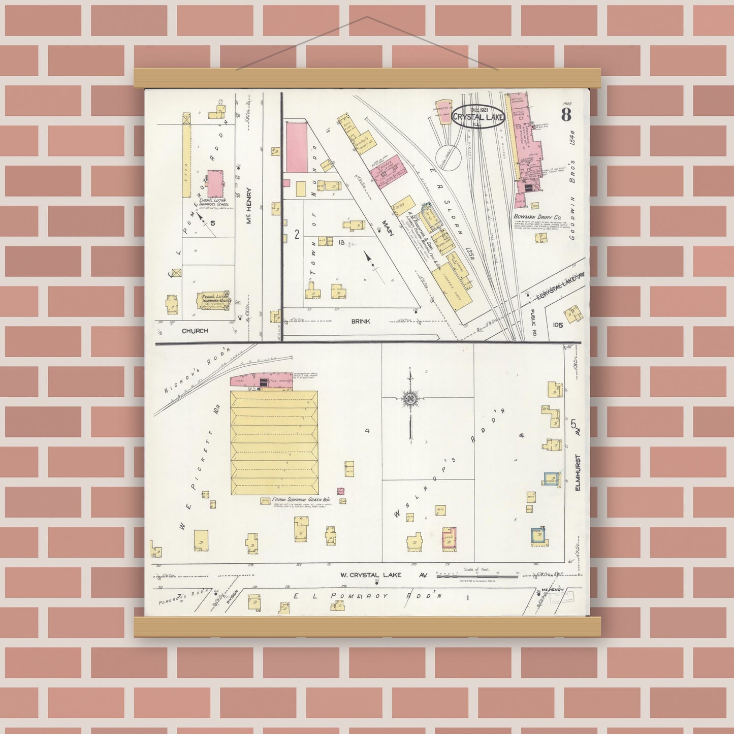 Old map wall art mockup — magnetic wood frame on brick wall — Sanborn Fire Insurance Map from Crystal Lake, McHenry County, Illinois (1921), Sheet #0008