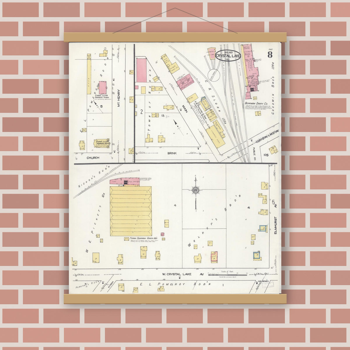 Old map wall art mockup — magnetic wood frame on brick wall — Sanborn Fire Insurance Map from Crystal Lake, McHenry County, Illinois (1921), Sheet #0008