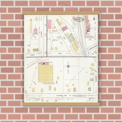 Old map wall art mockup — magnetic wood frame on brick wall — Sanborn Fire Insurance Map from Crystal Lake, McHenry County, Illinois (1921), Sheet #0008