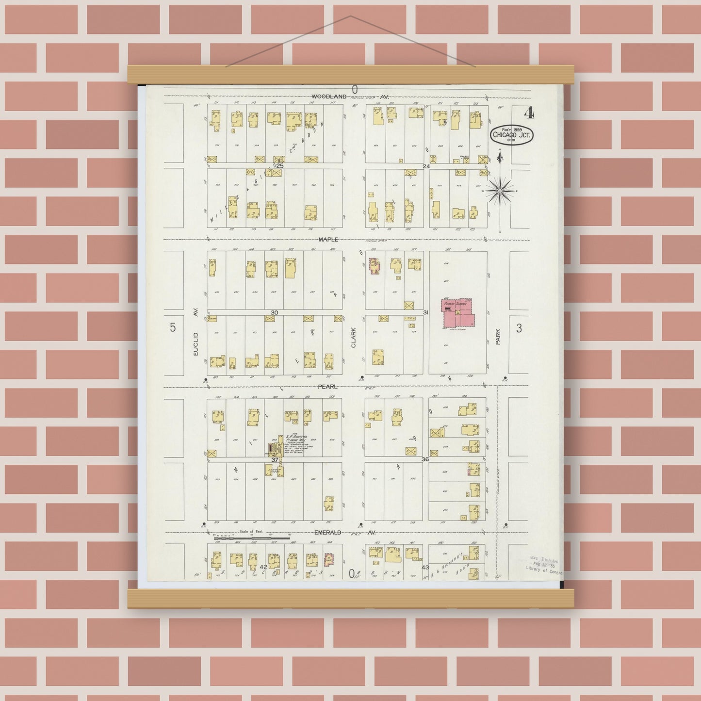Old map wall art mockup — magnetic wood frame on brick wall — Sanborn Fire Insurance Map from Chicago Junction, Huron County, Ohio (1899), Sheet #0004