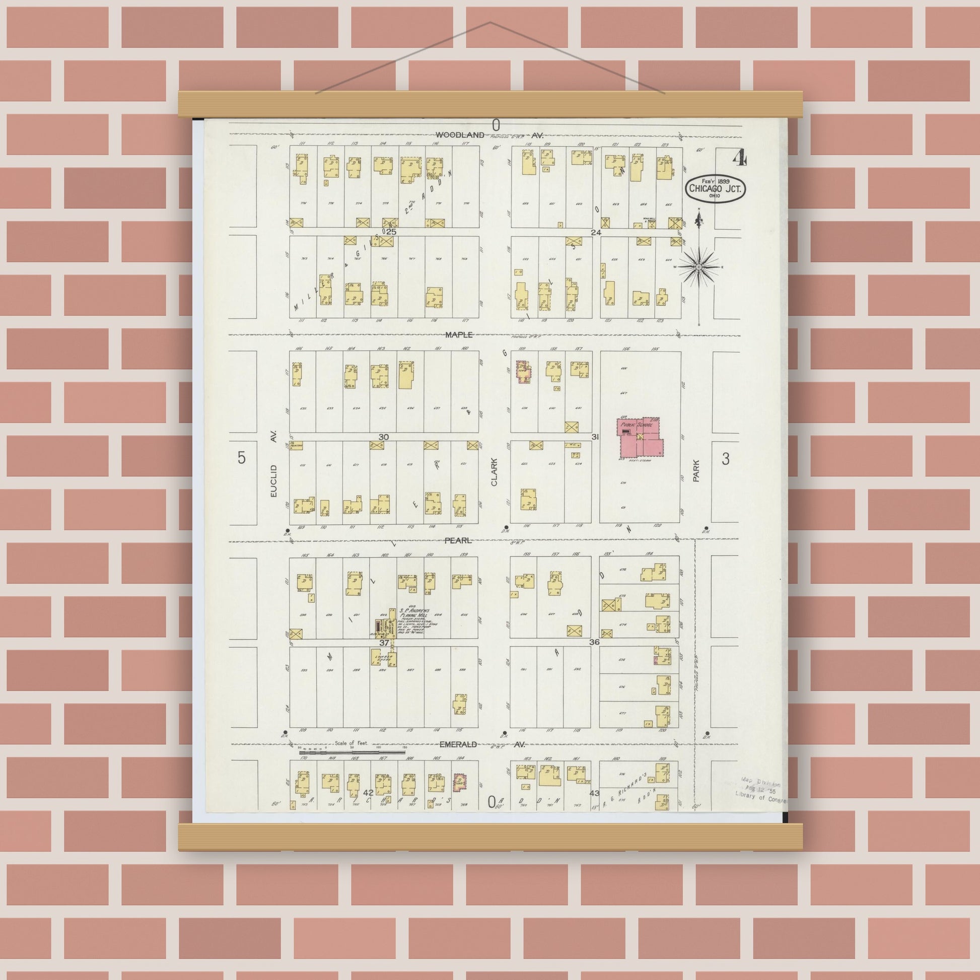Old map wall art mockup — magnetic wood frame on brick wall — Sanborn Fire Insurance Map from Chicago Junction, Huron County, Ohio (1899), Sheet #0004