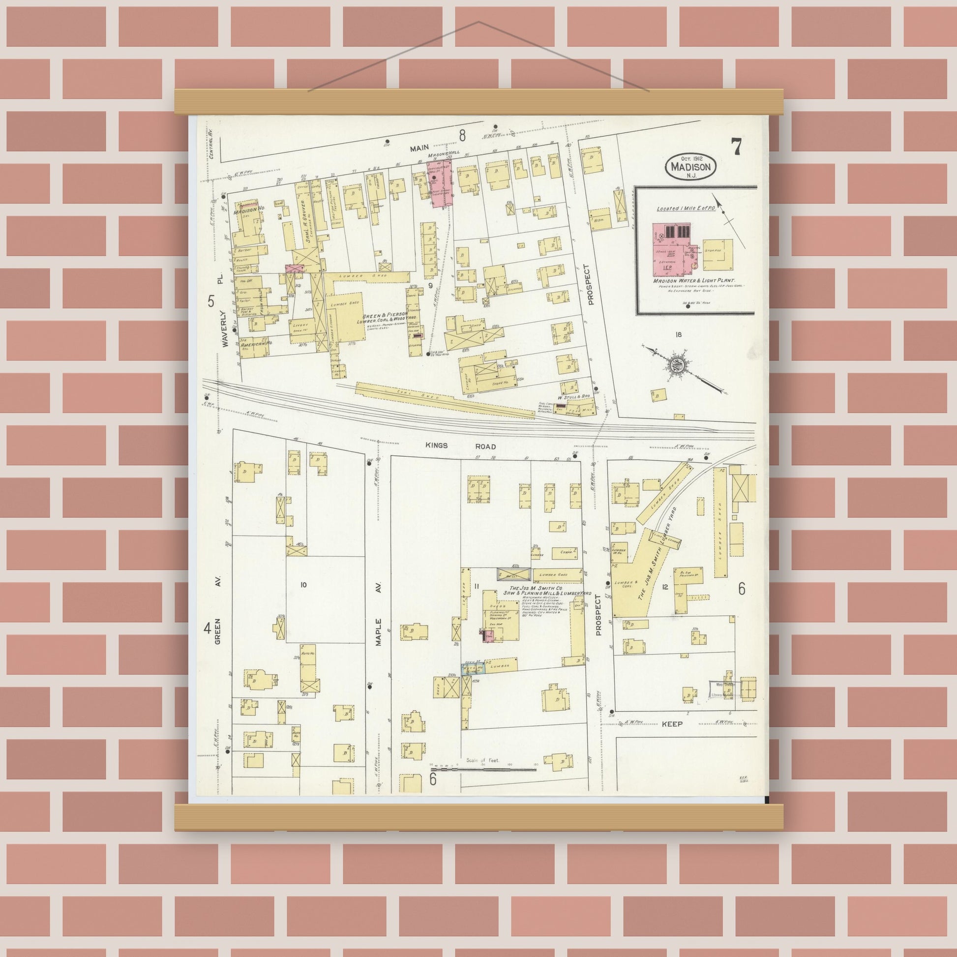Old map wall art mockup — magnetic wood frame on brick wall — Sanborn Fire Insurance Map from Madison, Morris County, New Jersey (1912), Sheet #0007