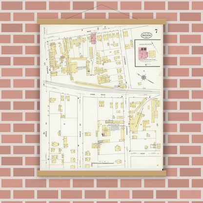 Old map wall art mockup — magnetic wood frame on brick wall — Sanborn Fire Insurance Map from Madison, Morris County, New Jersey (1912), Sheet #0007