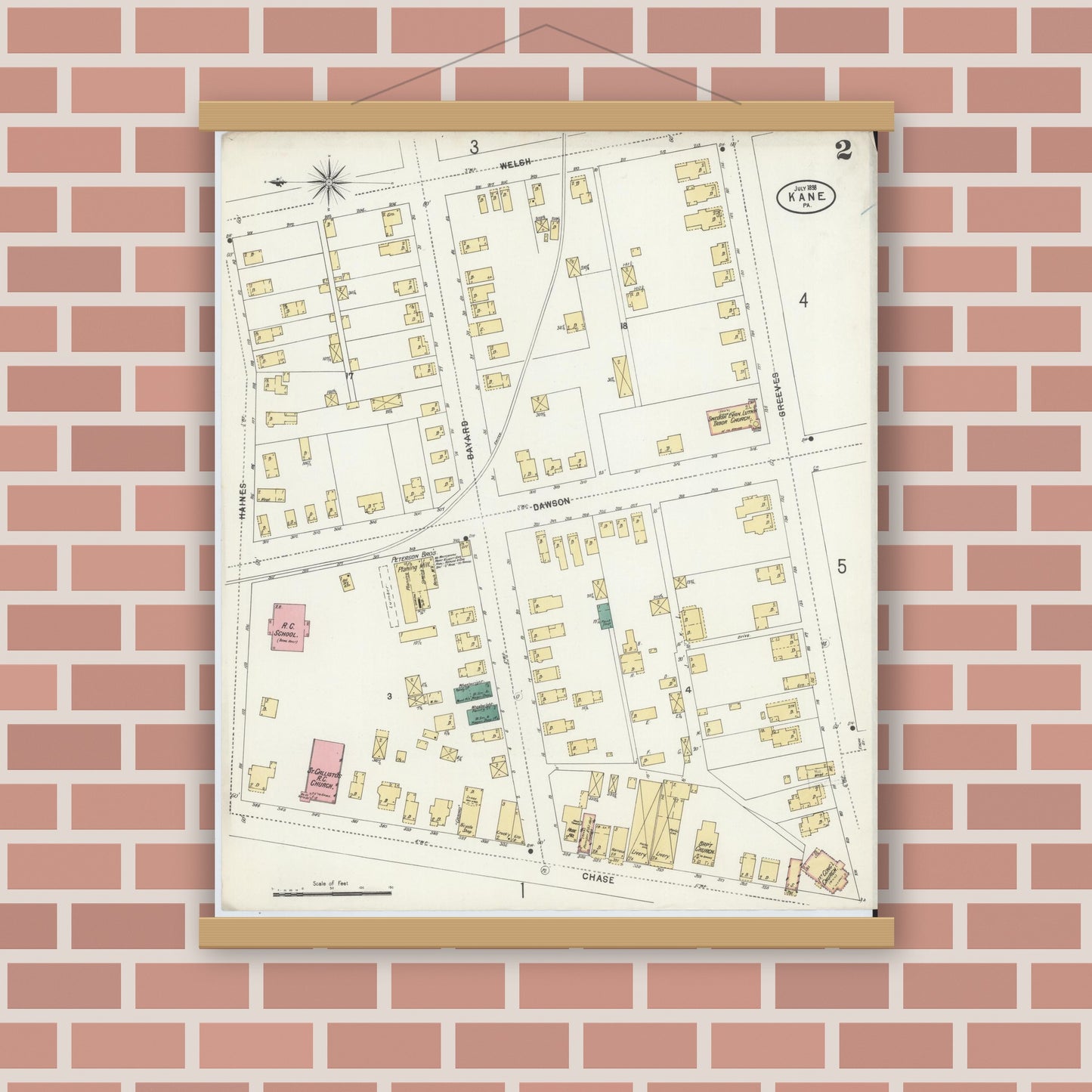 Old map wall art mockup — magnetic wood frame on brick wall — Sanborn Fire Insurance Map from Kane, McKean County, Pennsylvania (1898), Sheet #0002