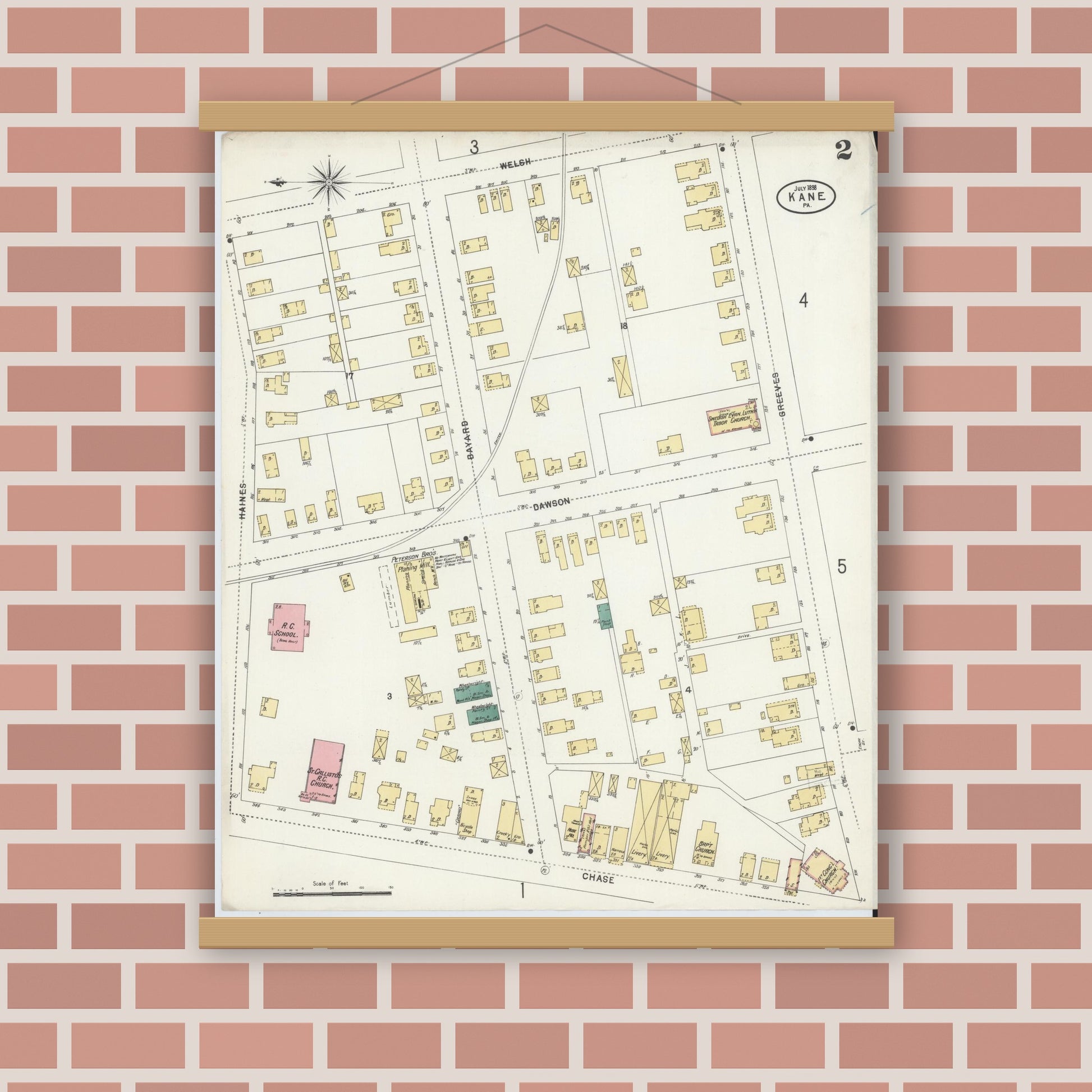 Old map wall art mockup — magnetic wood frame on brick wall — Sanborn Fire Insurance Map from Kane, McKean County, Pennsylvania (1898), Sheet #0002