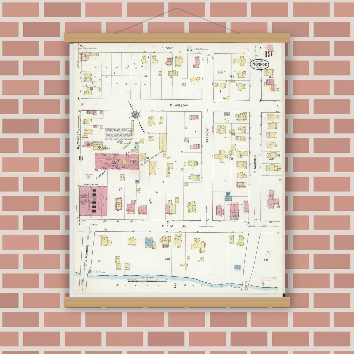Old map wall art mockup — magnetic wood frame on brick wall — Sanborn Fire Insurance Map from Monroe, Monroe County, Michigan (1916), Sheet #0019