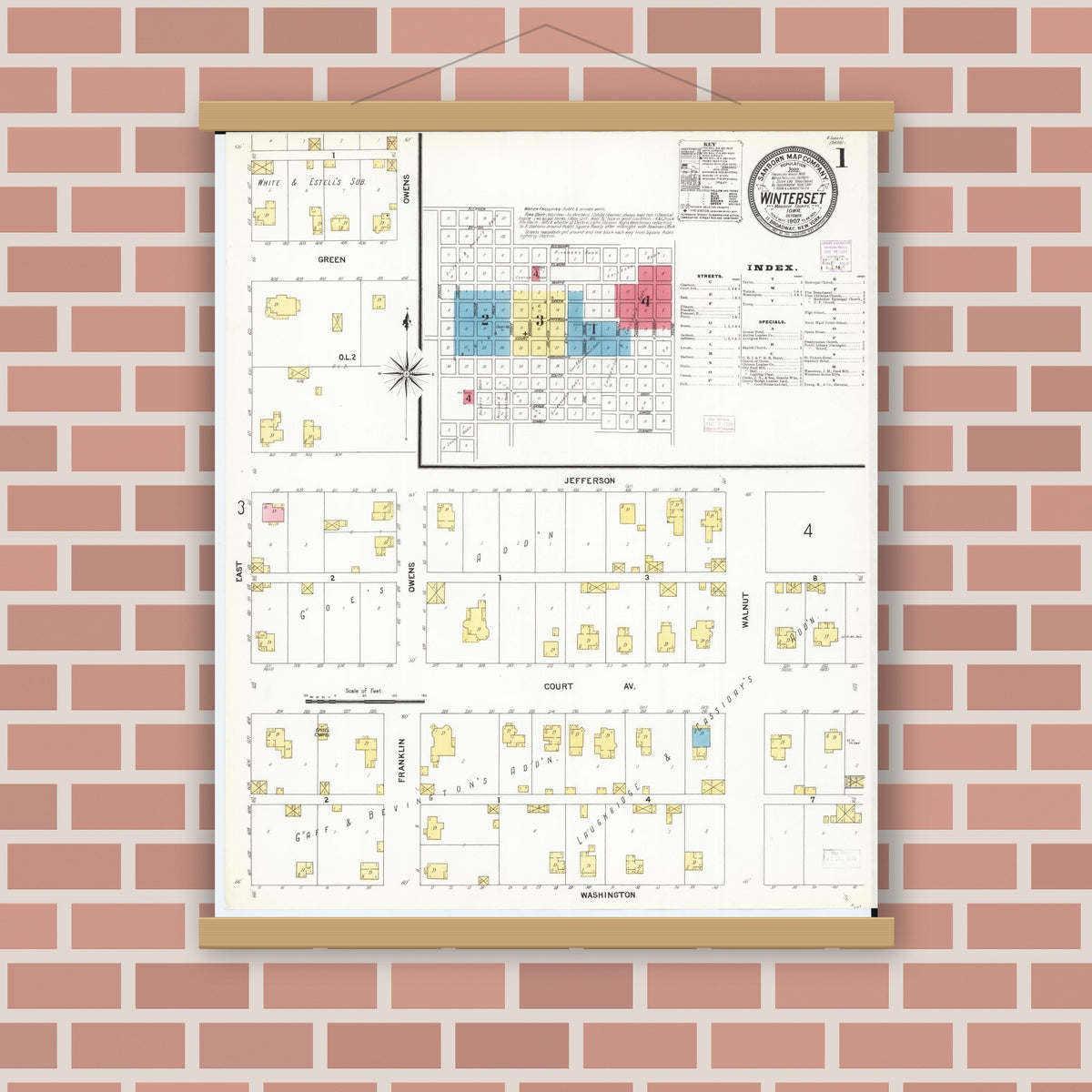 Old map wall art mockup — magnetic wood frame on brick wall — Sanborn Fire Insurance Map from Winterset, Madison County, Iowa (1907) â€” Complete Set