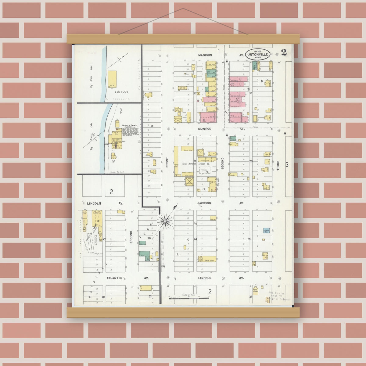 Old map wall art mockup — magnetic wood frame on brick wall — Sanborn Fire Insurance Map from Ortonville, Big Stone County, Minnesota (1899), Sheet #0002