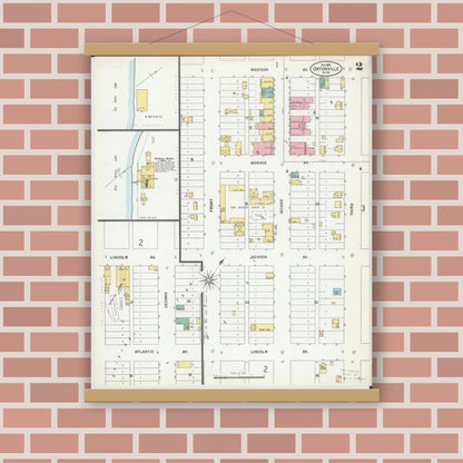 Old map wall art mockup — magnetic wood frame on brick wall — Sanborn Fire Insurance Map from Ortonville, Big Stone County, Minnesota (1899), Sheet #0002