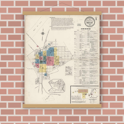 Old map wall art mockup — magnetic wood frame on brick wall — Sanborn Fire Insurance Map from Mexia, Limestone County, Texas (1922), Sheet #0001