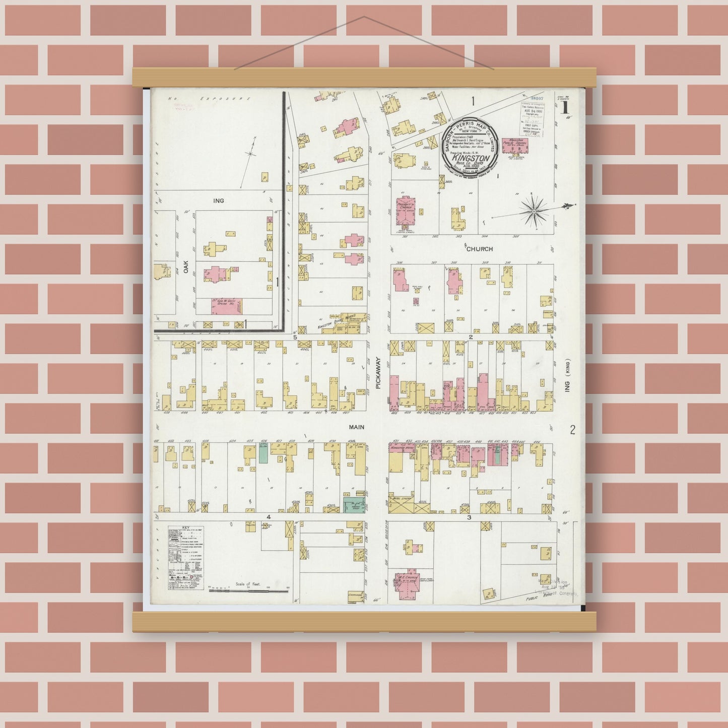 Old map wall art mockup — magnetic wood frame on brick wall — Sanborn Fire Insurance Map from Kingston, Ross County, Ohio (1900), Sheet #0001