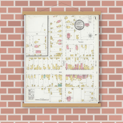 Old map wall art mockup — magnetic wood frame on brick wall — Sanborn Fire Insurance Map from Kingston, Ross County, Ohio (1900), Sheet #0001