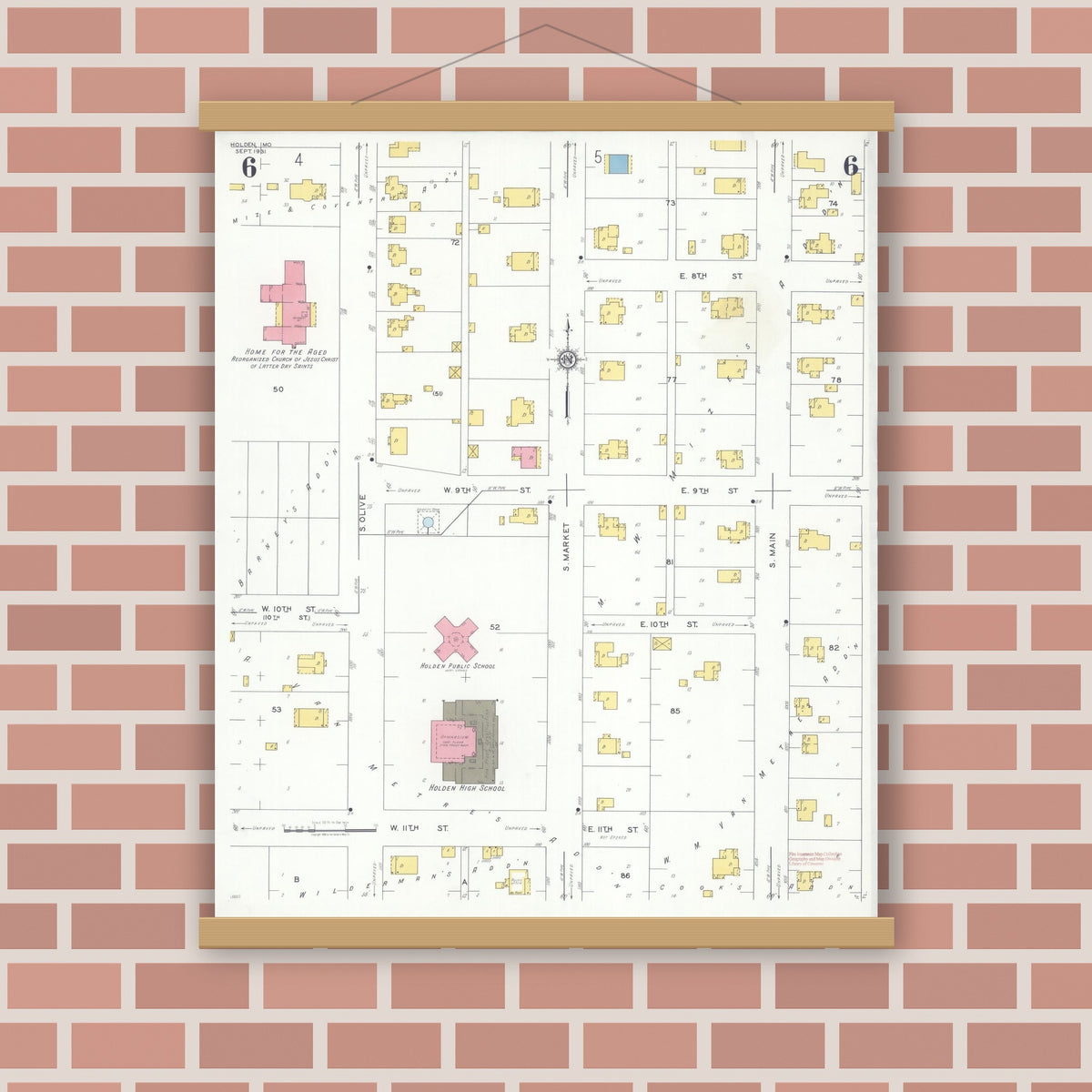 Old map wall art mockup — magnetic wood frame on brick wall — Sanborn Fire Insurance Map from Holden, Johnson County, Missouri (1931), Sheet #0006