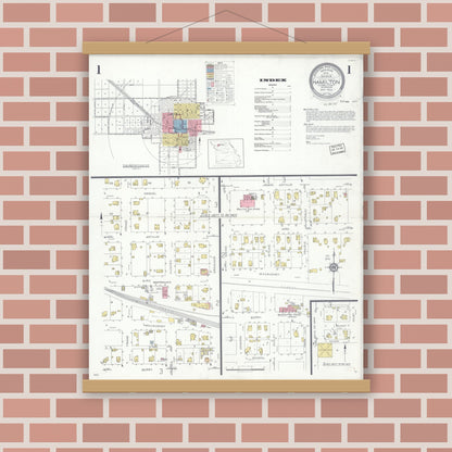 Old map wall art mockup — magnetic wood frame on brick wall — Sanborn Fire Insurance Map from Hamilton, Caldwell County, Missouri (1932), Sheet #0001