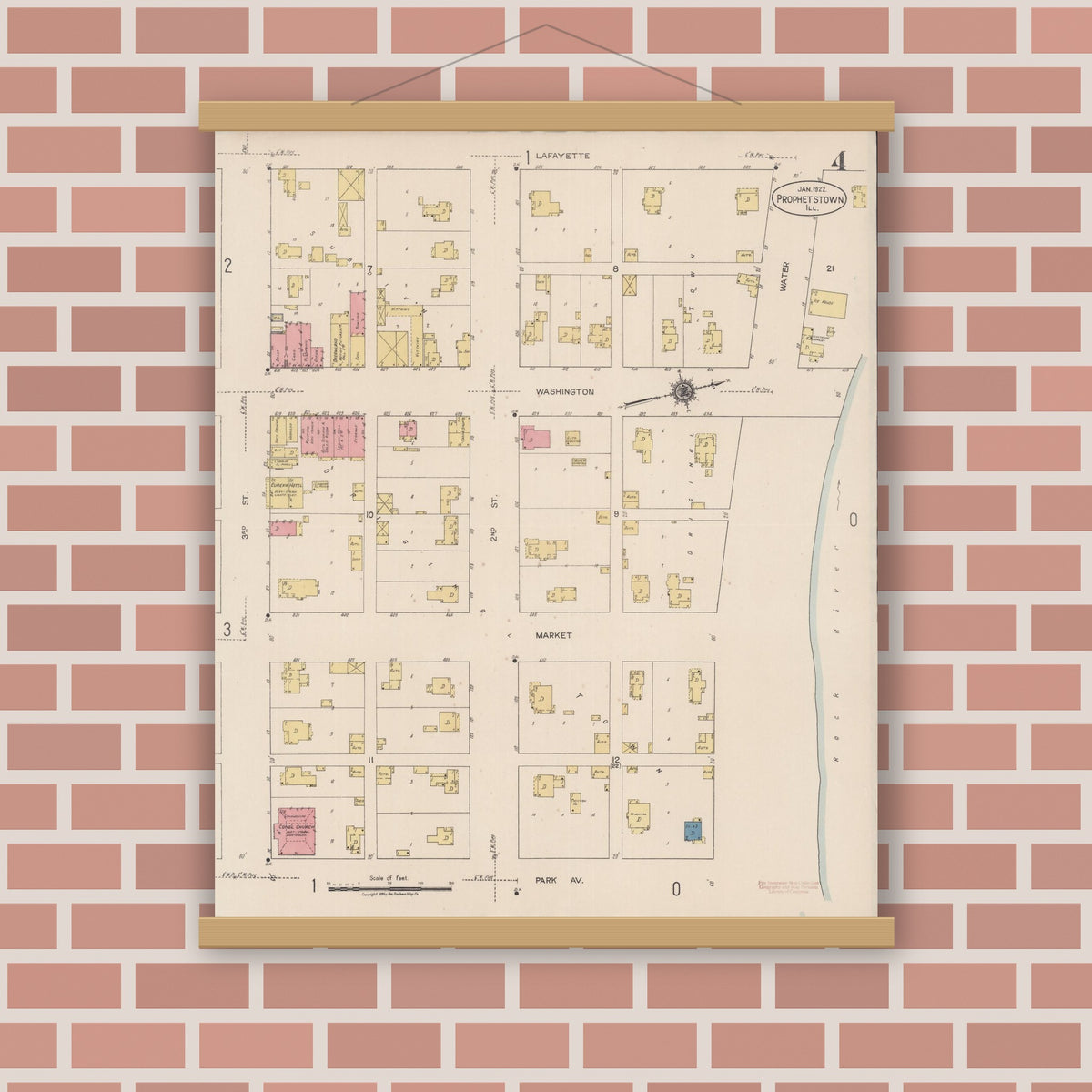Old map wall art mockup — magnetic wood frame on brick wall — Sanborn Fire Insurance Map from Prophetstown, Whiteside County, Illinois (1922), Sheet #0004