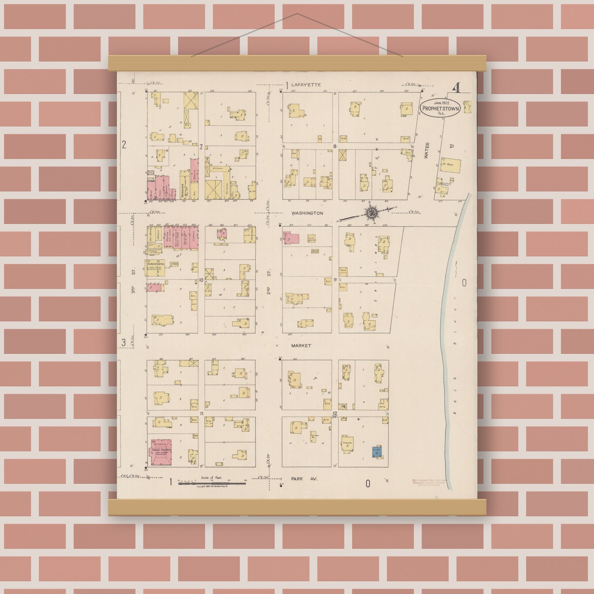 Old map wall art mockup — magnetic wood frame on brick wall — Sanborn Fire Insurance Map from Prophetstown, Whiteside County, Illinois (1922), Sheet #0004