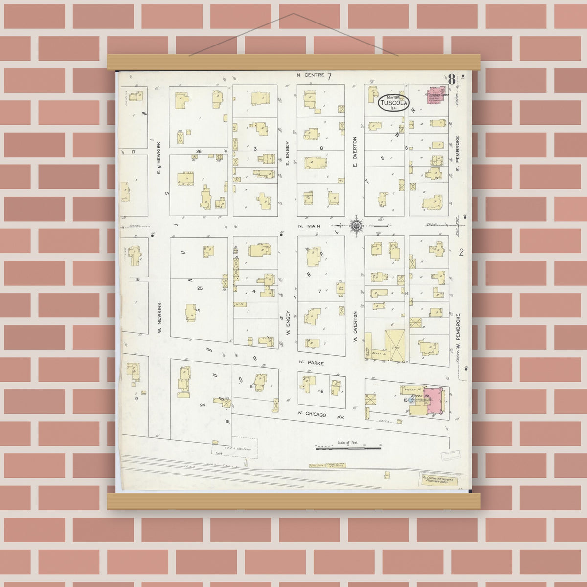 Old map wall art mockup — magnetic wood frame on brick wall — Sanborn Fire Insurance Map from Tuscola, Douglas County, Illinois (1914), Sheet #0008