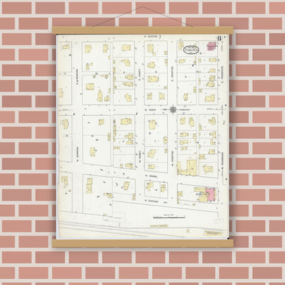 Old map wall art mockup — magnetic wood frame on brick wall — Sanborn Fire Insurance Map from Tuscola, Douglas County, Illinois (1914), Sheet #0008