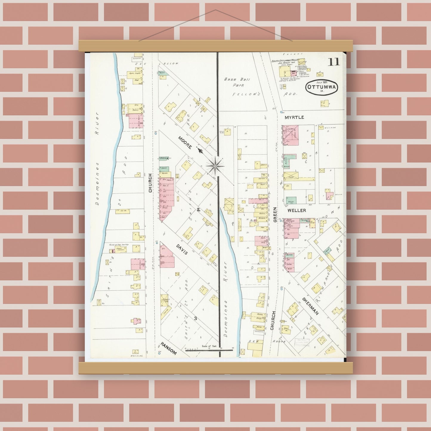 Old map wall art mockup — magnetic wood frame on brick wall — Sanborn Fire Insurance Map from Ottumwa, Wapello County, Iowa (1891), Sheet #0011