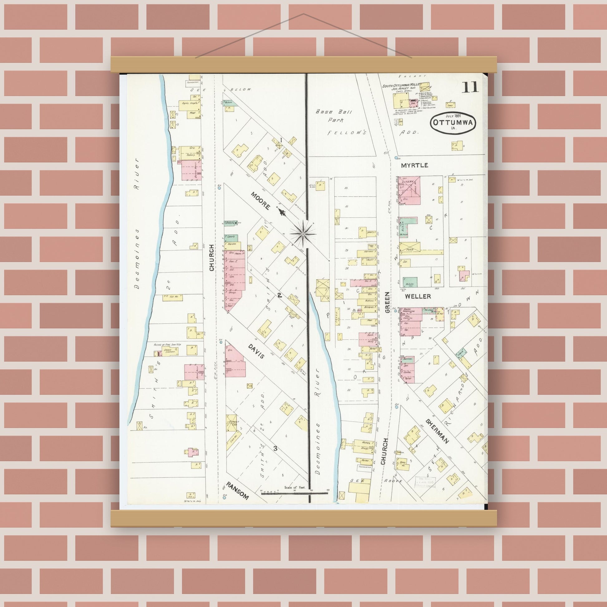 Old map wall art mockup — magnetic wood frame on brick wall — Sanborn Fire Insurance Map from Ottumwa, Wapello County, Iowa (1891), Sheet #0011