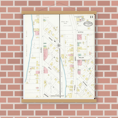 Old map wall art mockup — magnetic wood frame on brick wall — Sanborn Fire Insurance Map from Ottumwa, Wapello County, Iowa (1891), Sheet #0011