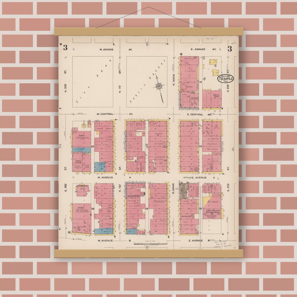 Old map wall art mockup — magnetic wood frame on brick wall — Sanborn Fire Insurance Map from Temple, Bell County, Texas (1922), Sheet #0003