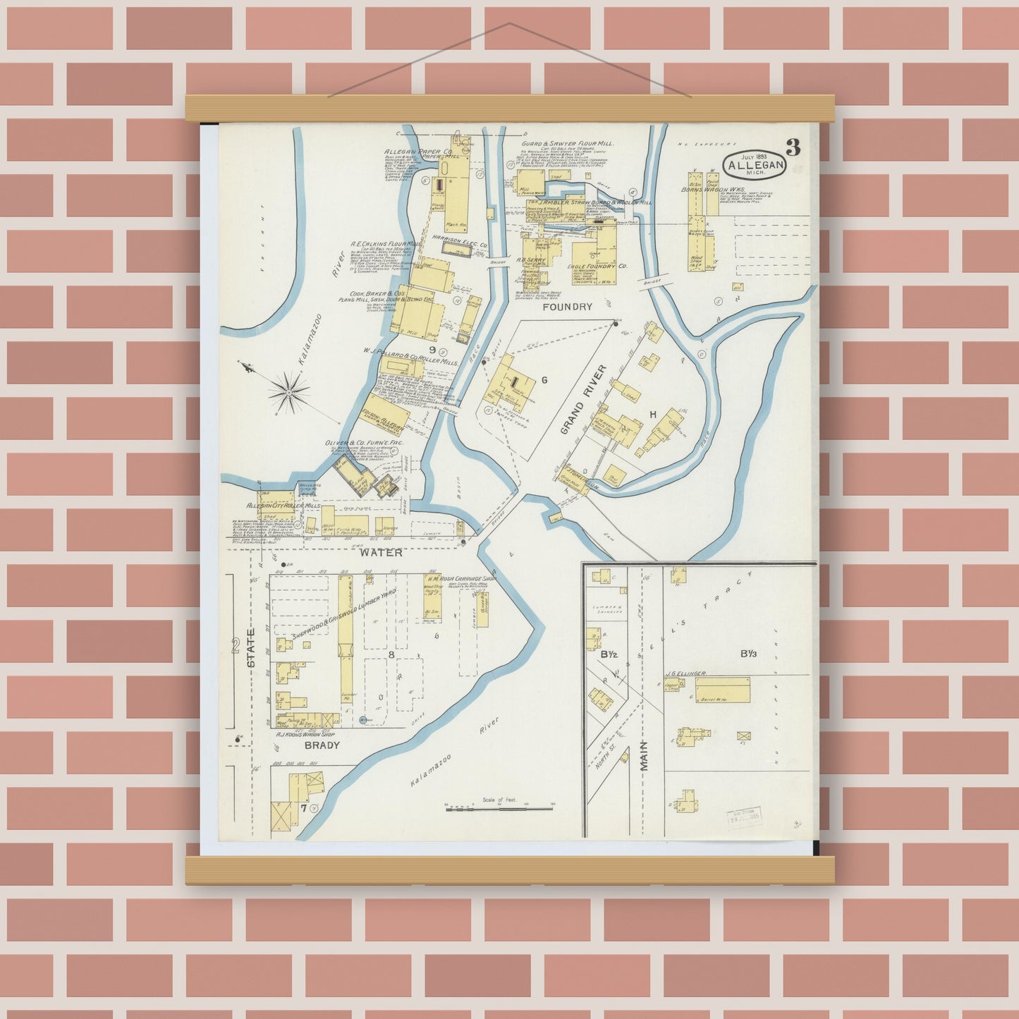 Old map wall art mockup — magnetic wood frame on brick wall — Sanborn Fire Insurance Map from Allegan, Allegan County, Michigan (1893), Sheet #0003