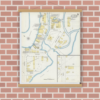 Old map wall art mockup — magnetic wood frame on brick wall — Sanborn Fire Insurance Map from Allegan, Allegan County, Michigan (1893), Sheet #0003
