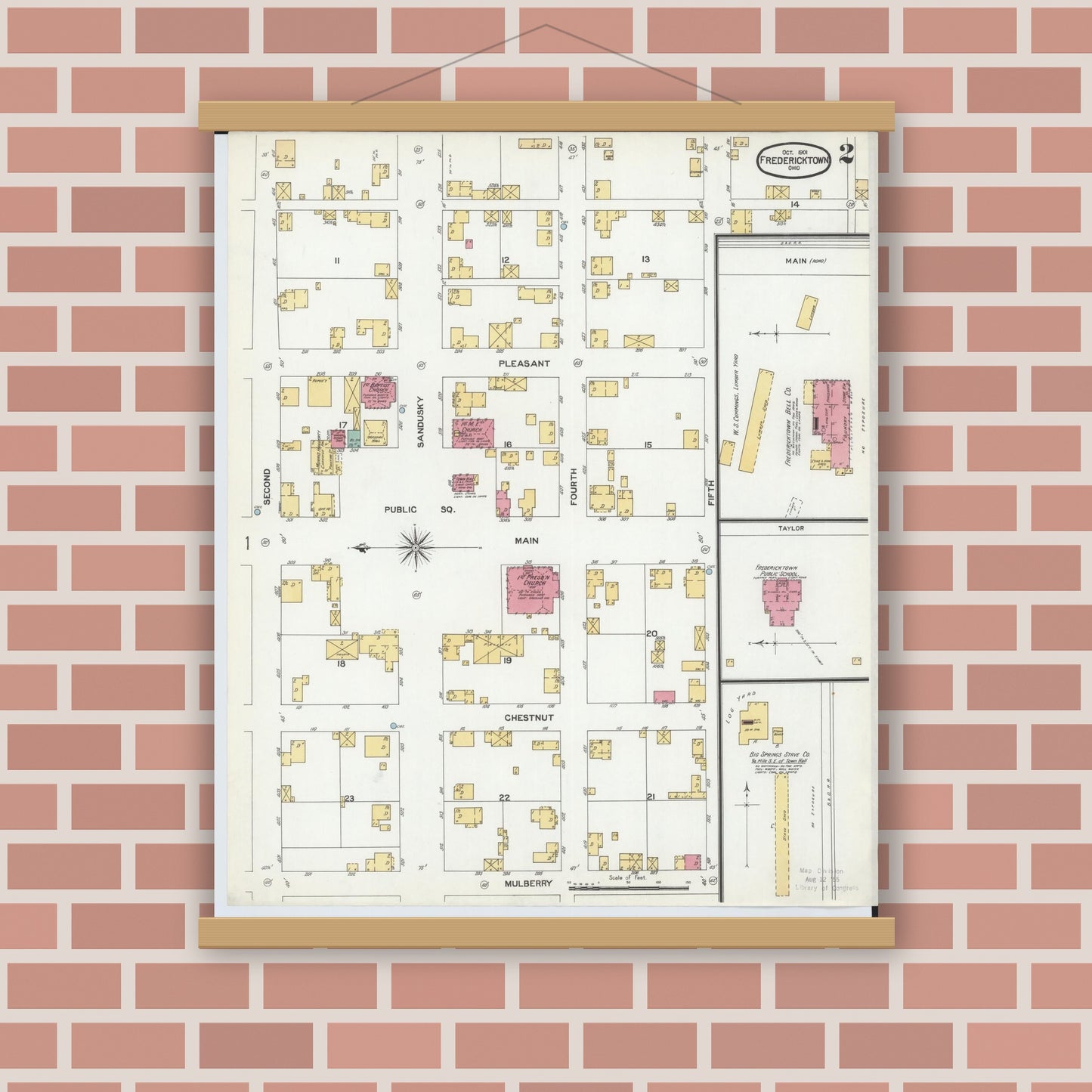 Old map wall art mockup — magnetic wood frame on brick wall — Sanborn Fire Insurance Map from Fredericktown, Knox County, Ohio (1901), Sheet #0002