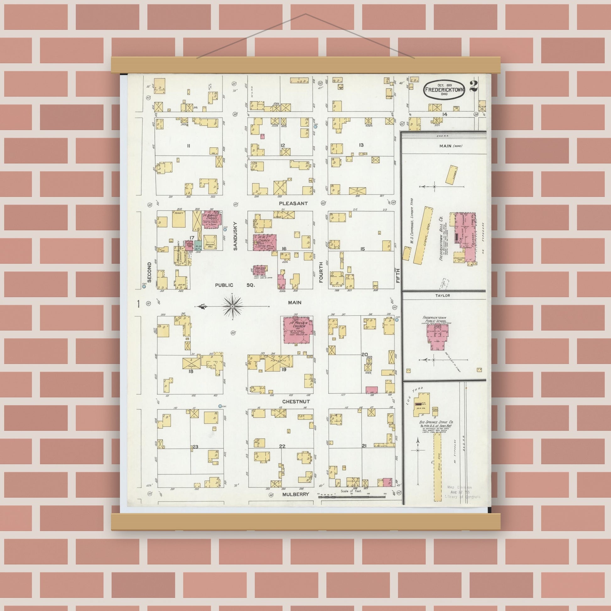 Old map wall art mockup — magnetic wood frame on brick wall — Sanborn Fire Insurance Map from Fredericktown, Knox County, Ohio (1901), Sheet #0002