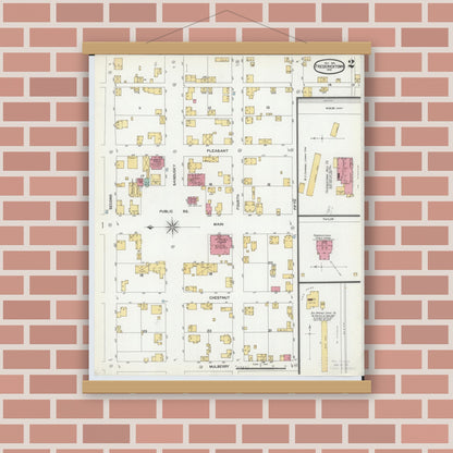 Old map wall art mockup — magnetic wood frame on brick wall — Sanborn Fire Insurance Map from Fredericktown, Knox County, Ohio (1901), Sheet #0002