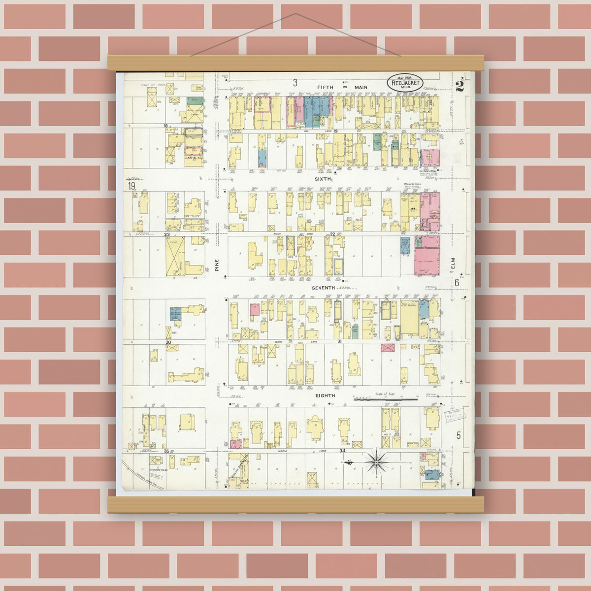 Old map wall art mockup — magnetic wood frame on brick wall — Sanborn Fire Insurance Map from Red Jacket, Houghton County, Michigan (1908), Sheet #0002