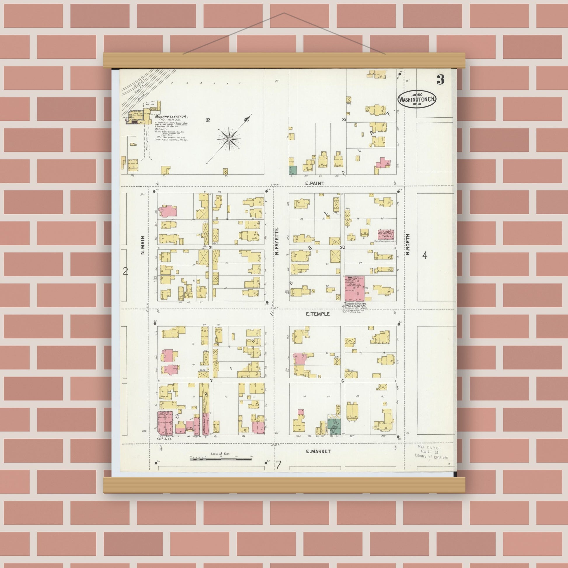 Old map wall art mockup — magnetic wood frame on brick wall — Sanborn Fire Insurance Map from Washington Court House, Fayette County, Ohio (1900), Sheet #0003