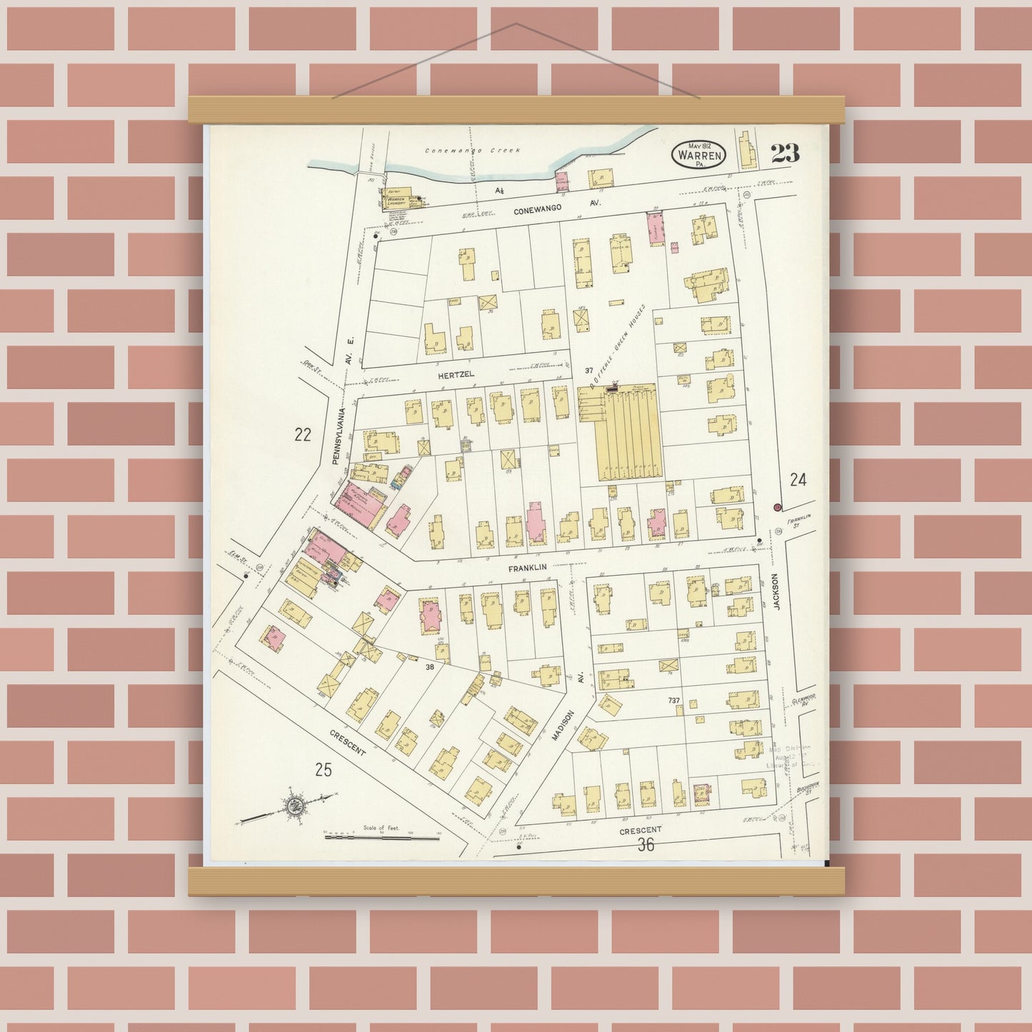 Old map wall art mockup — magnetic wood frame on brick wall — Sanborn Fire Insurance Map from Warren, Warren County, Pennsylvania (1912), Sheet #0023