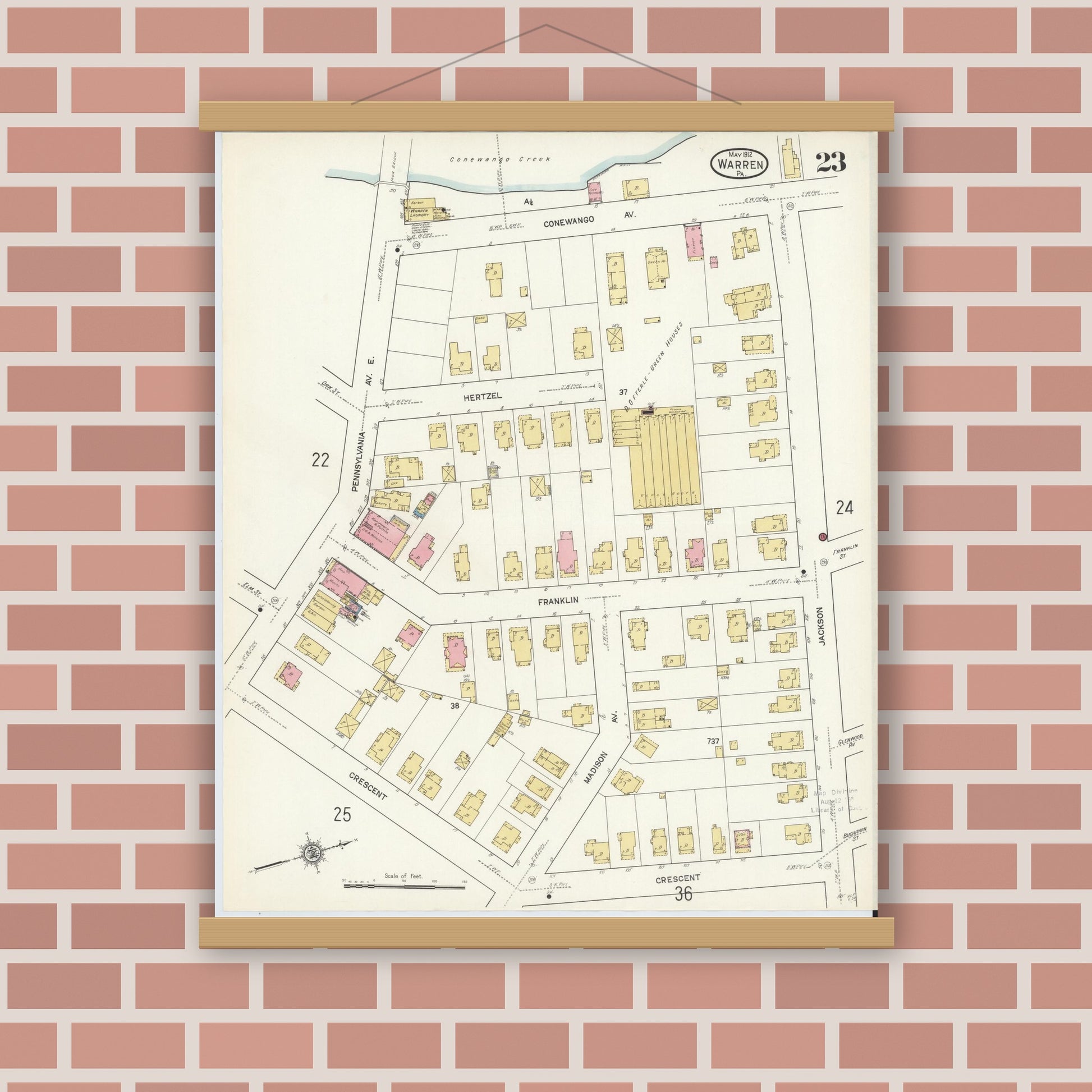 Old map wall art mockup — magnetic wood frame on brick wall — Sanborn Fire Insurance Map from Warren, Warren County, Pennsylvania (1912), Sheet #0023
